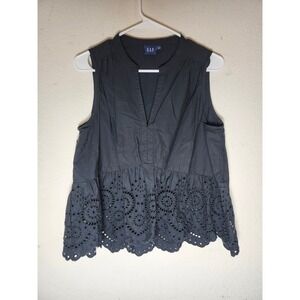 GAP Peplum Top Womens Small Black Eyelet Lace Sleeveless V-Neck Cotton Blouse